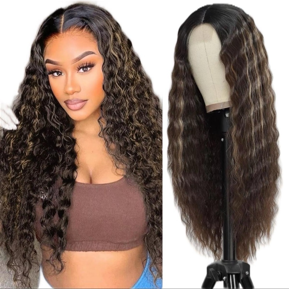 COPY - 28 inch long brown with blonde highlights synthetic curly wig